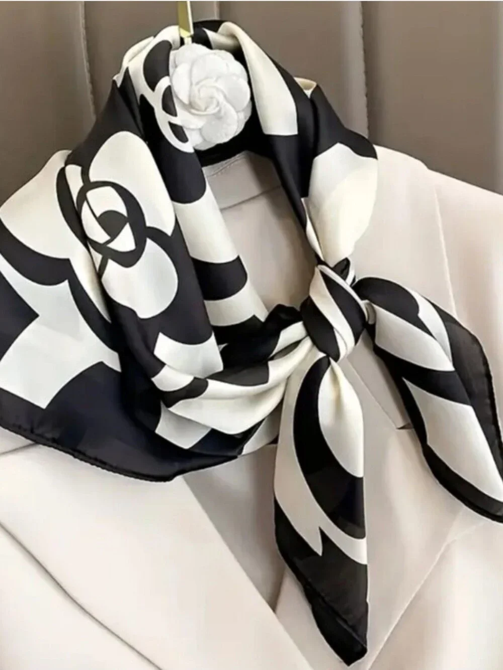 Black & Cream Floral Silk Scarf